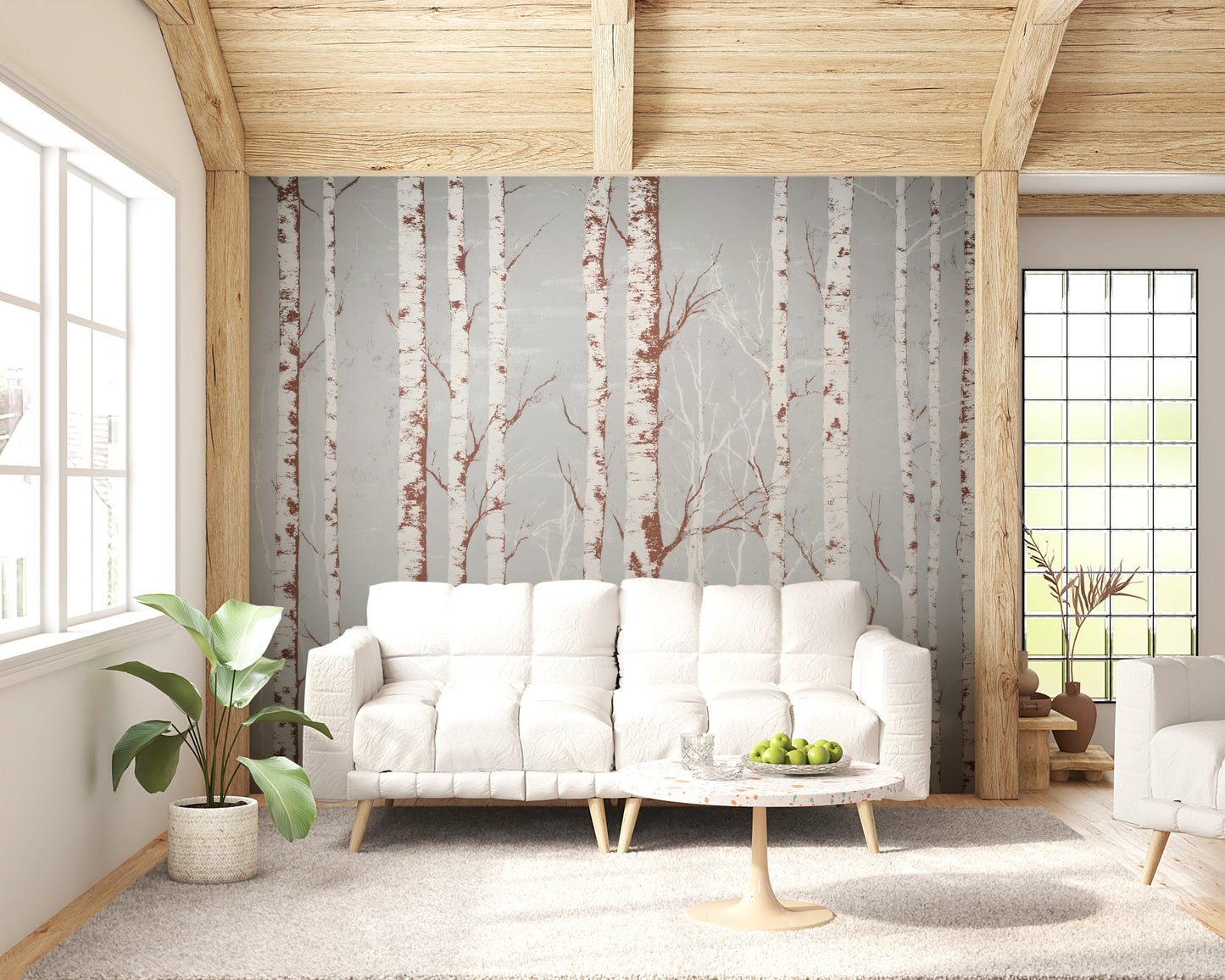Birch forest wall mural with light background