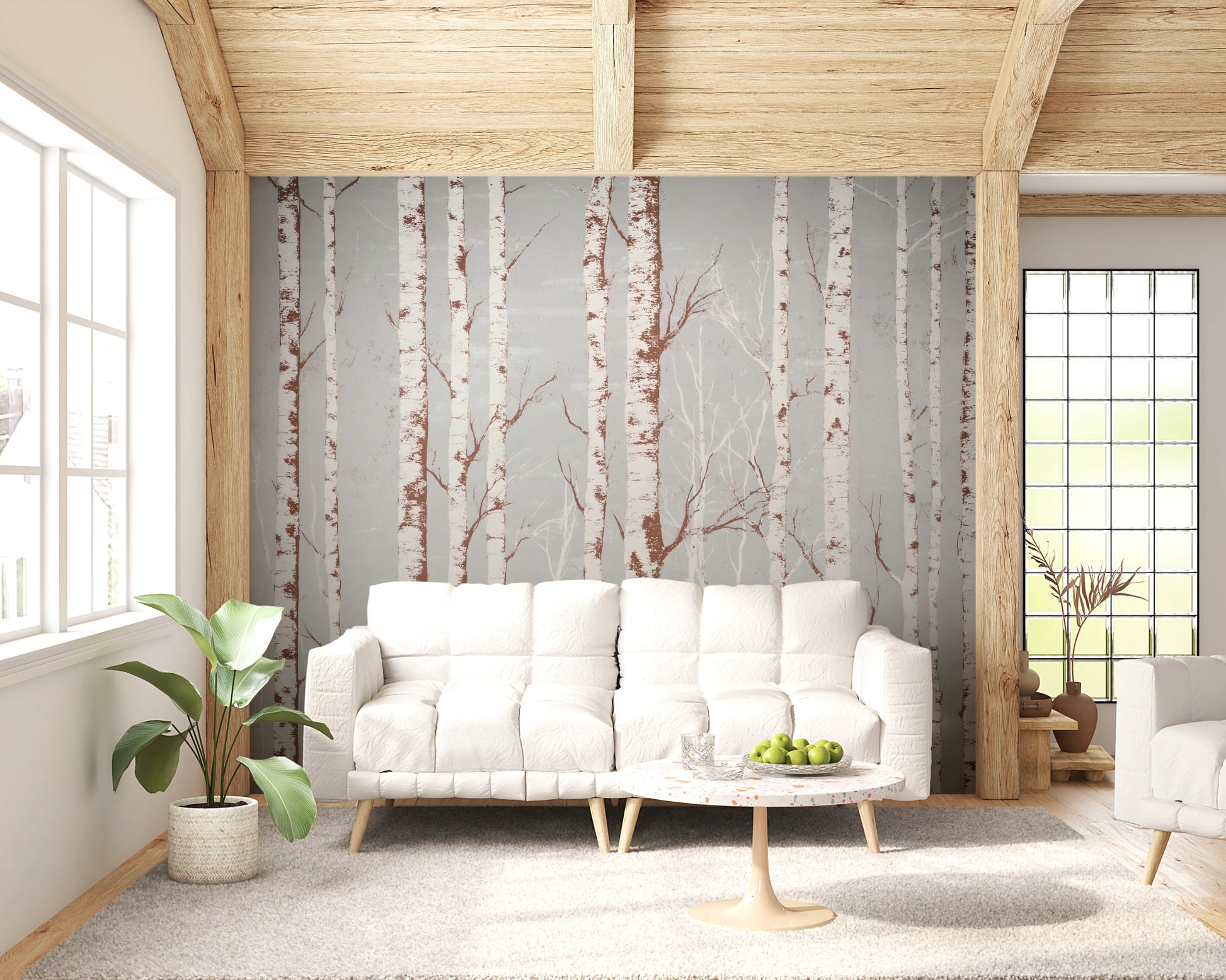 Birch forest wall mural with light background
