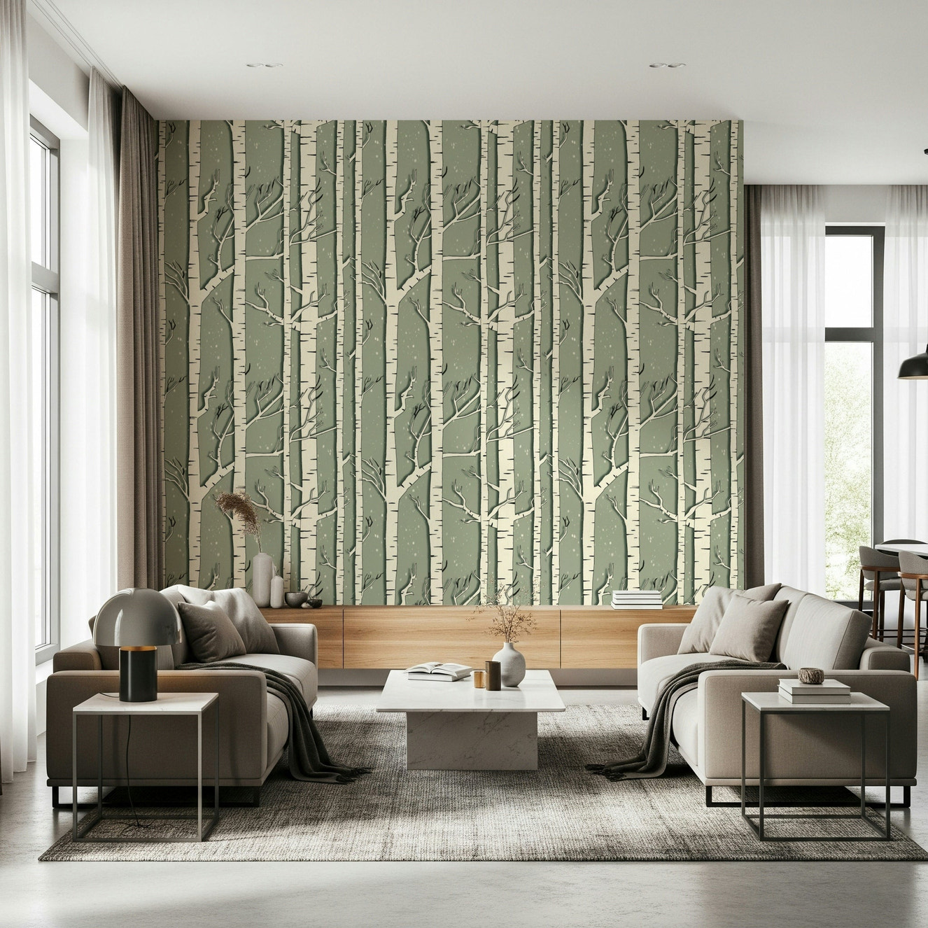 A beautiful subtle winter birch wallpaper mural with delicate trees and light mist.