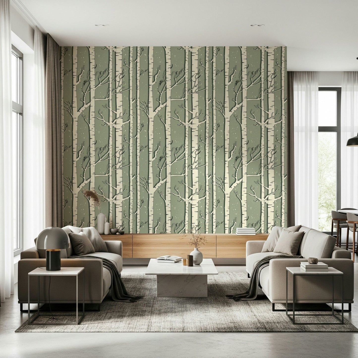 A beautiful subtle winter birch wallpaper mural with delicate trees and light mist.