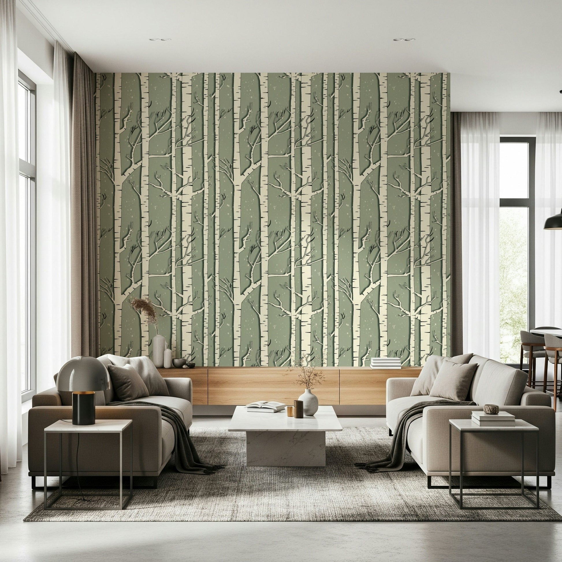 A beautiful subtle winter birch wallpaper mural with delicate trees and light mist.