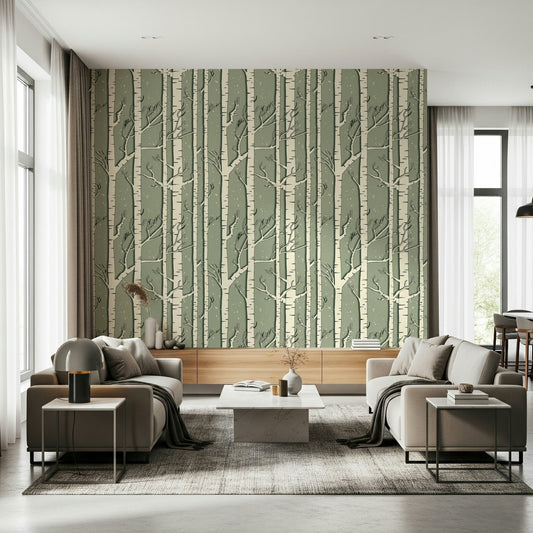A beautiful subtle winter birch wallpaper mural with delicate trees and light mist.