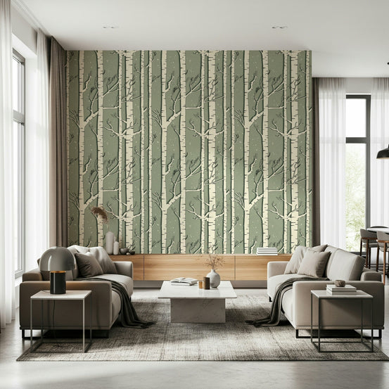 A beautiful subtle winter birch wallpaper mural with delicate trees and light mist., GD5963