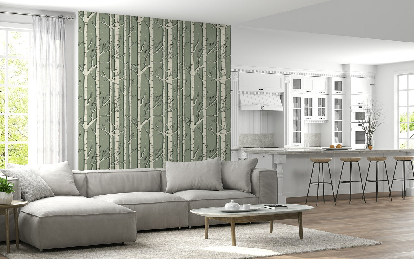 A graceful subtle pattern wall mural in cool, white and gray tones.