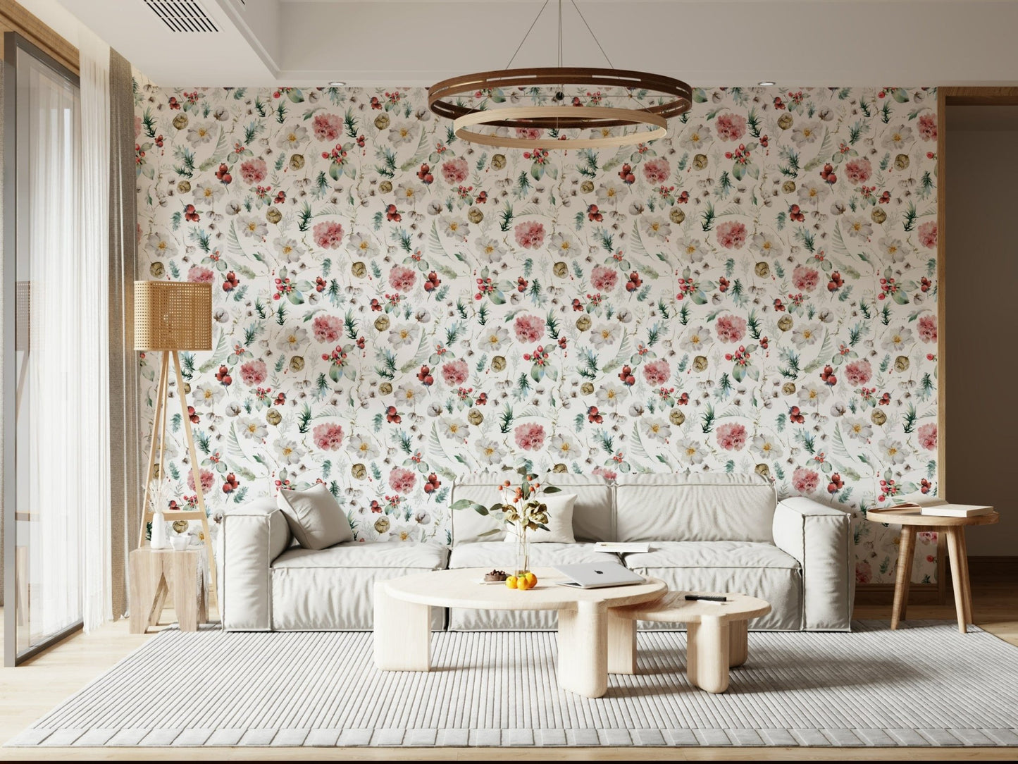 Ethereal Winter Bloom Watercolor wall graphic cotton flower details., GD7204