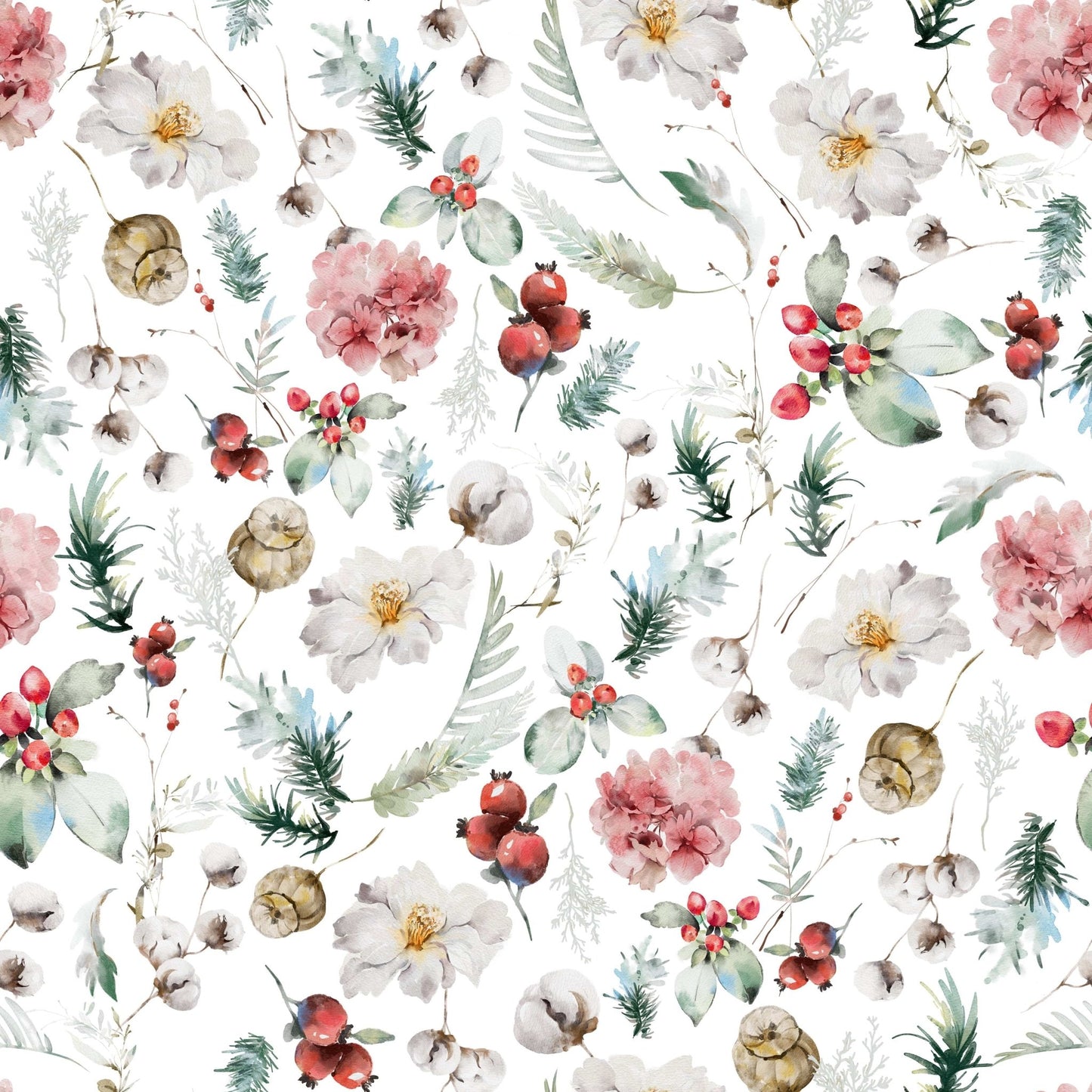 Nature inspired Winter Bloom Watercolor print green pine accents., GD7204