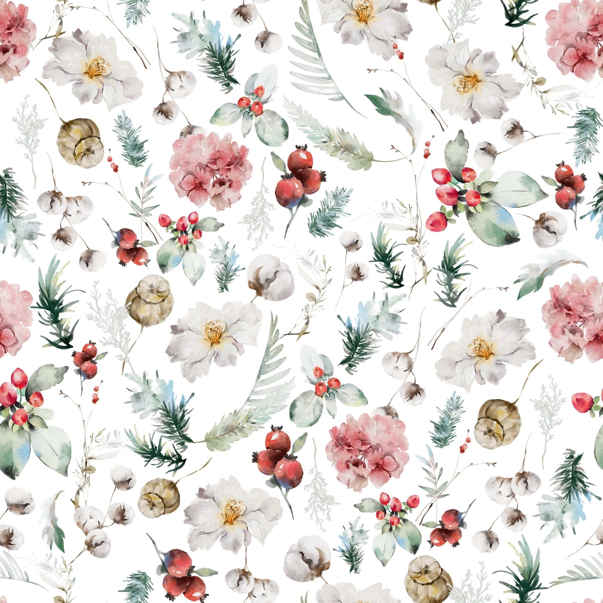 Nature inspired Winter Bloom Watercolor print green pine accents., GD7204
