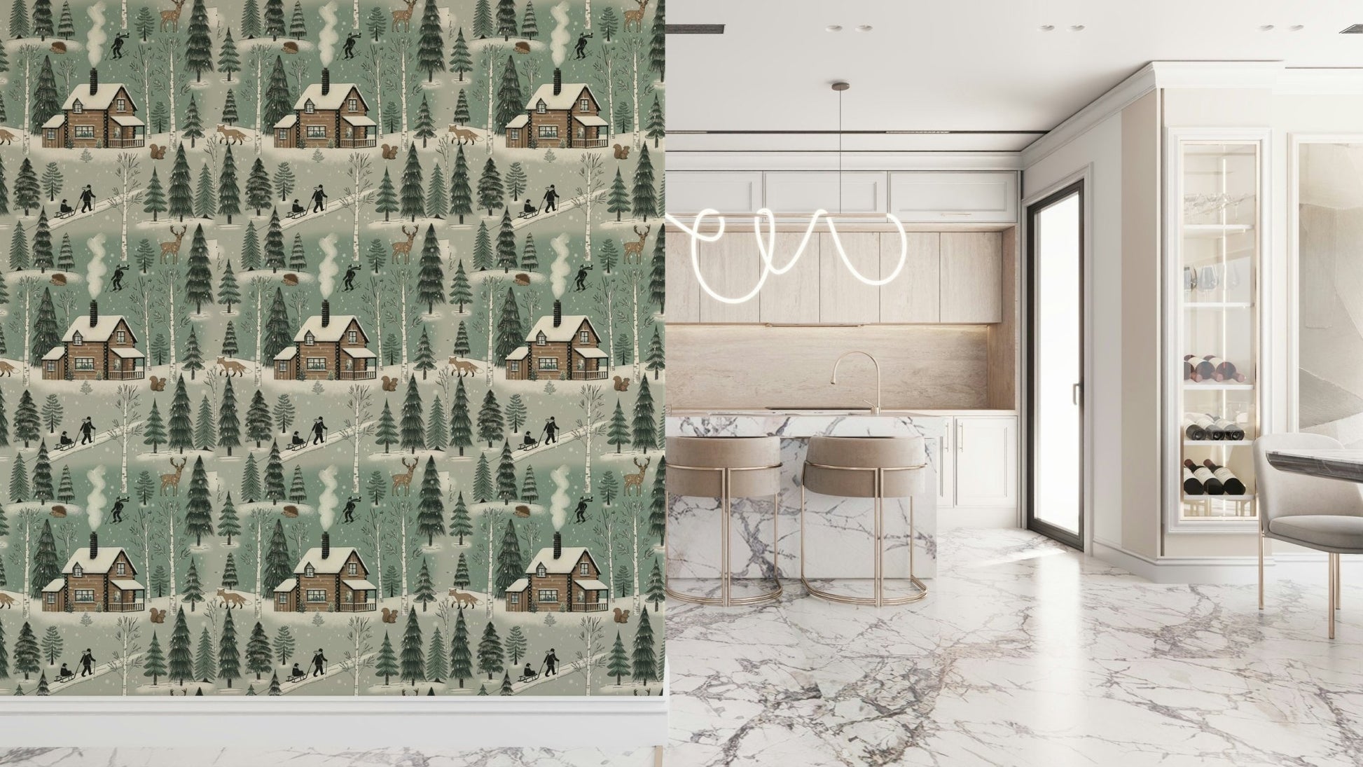 A calming serene forest wallpaper mural that defines a space.