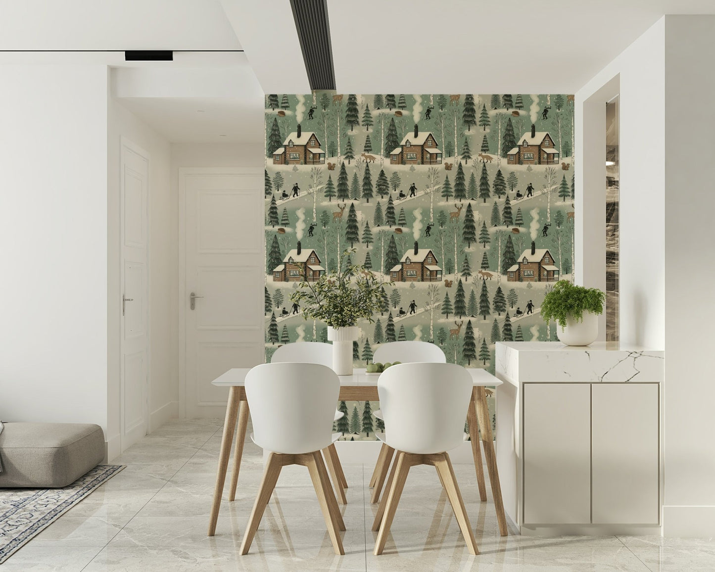 A peaceful woodland vista mural on decorative wallpaper.