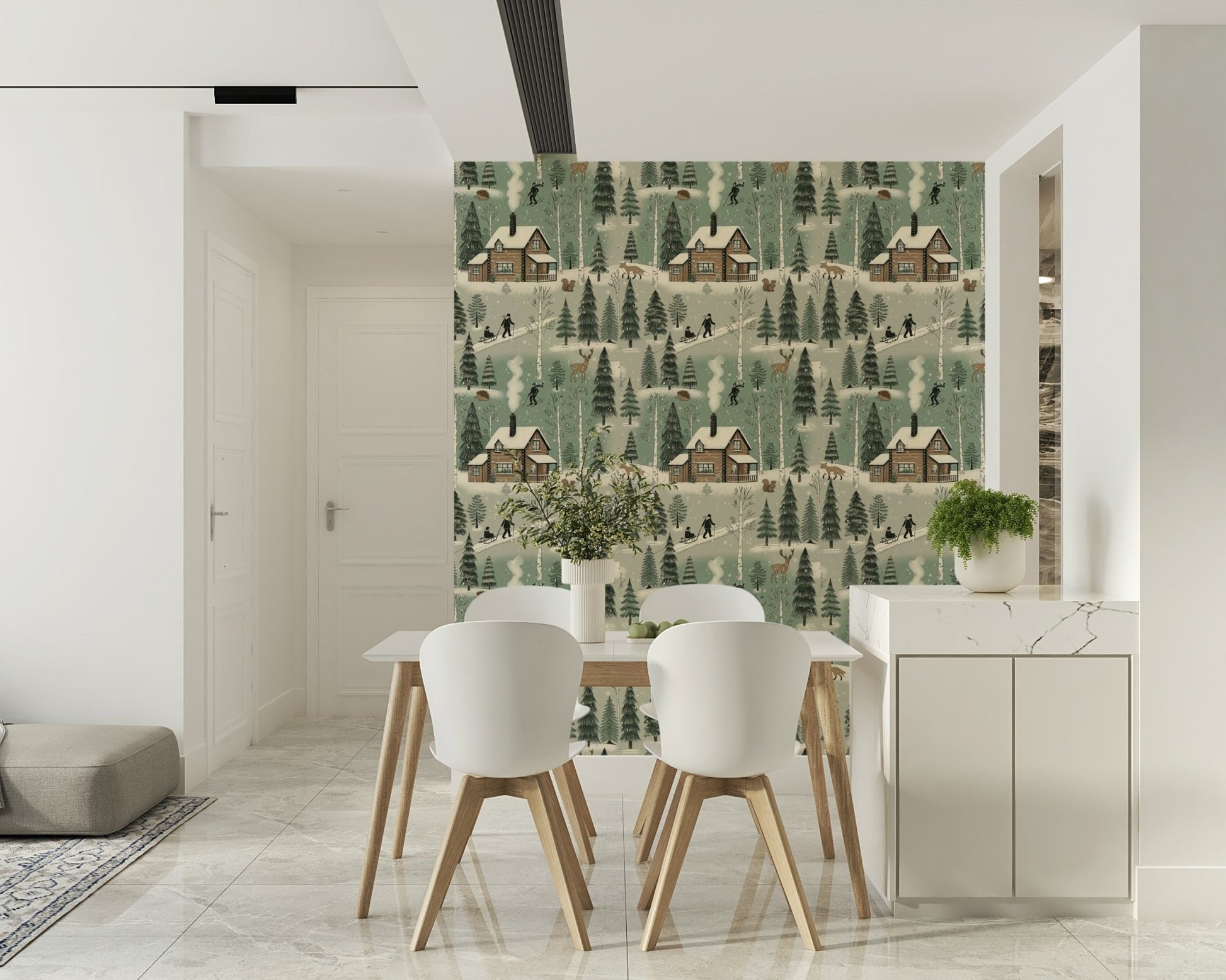 A peaceful woodland vista mural on decorative wallpaper.