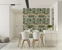 A peaceful woodland vista mural on decorative wallpaper.