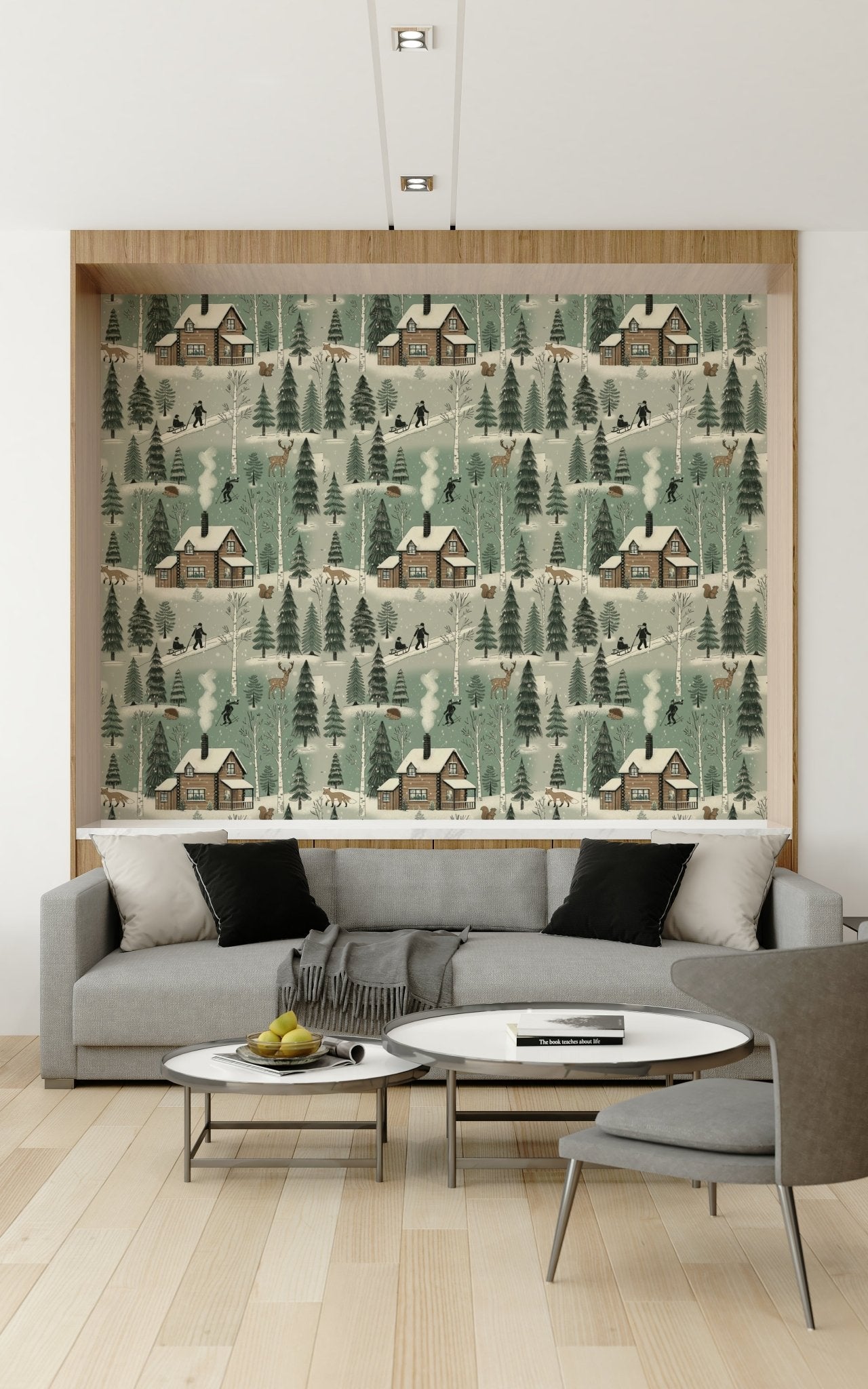 A beautiful subtle winter cabin wallpaper mural with snow-covered trees and a cozy scene.
