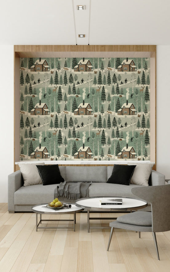 A beautiful subtle winter cabin wallpaper mural with snow-covered trees and a cozy scene., GD5962