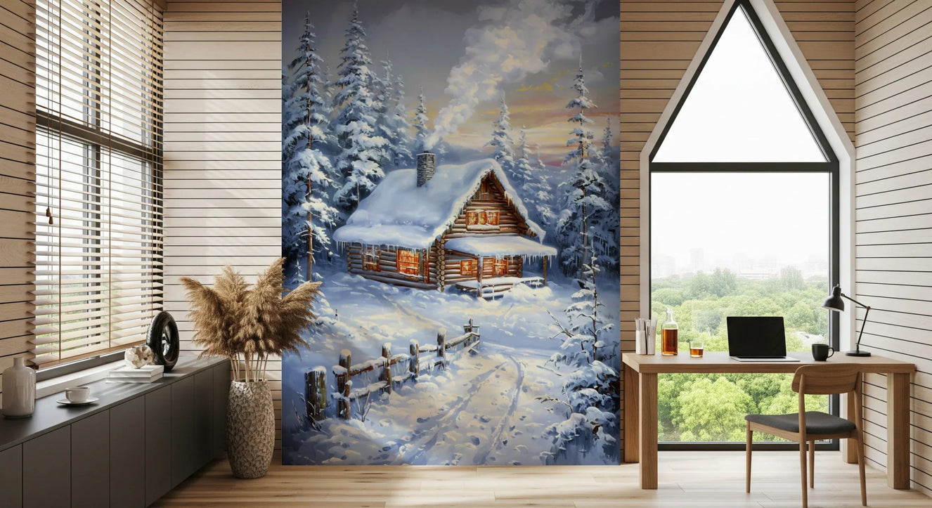 Winter Cabin Retreat wall mural with snowy pine trees in a cozy living room.