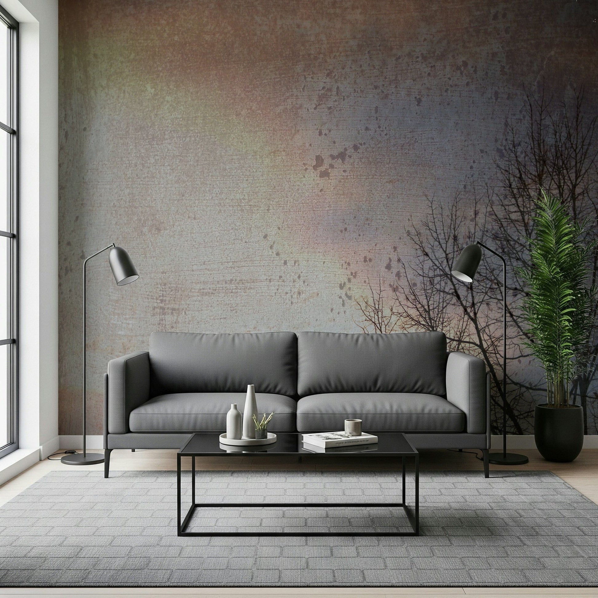 Artistic Winter Day wallpaper for walls, somber, quiet beauty, neutral palette, decay.