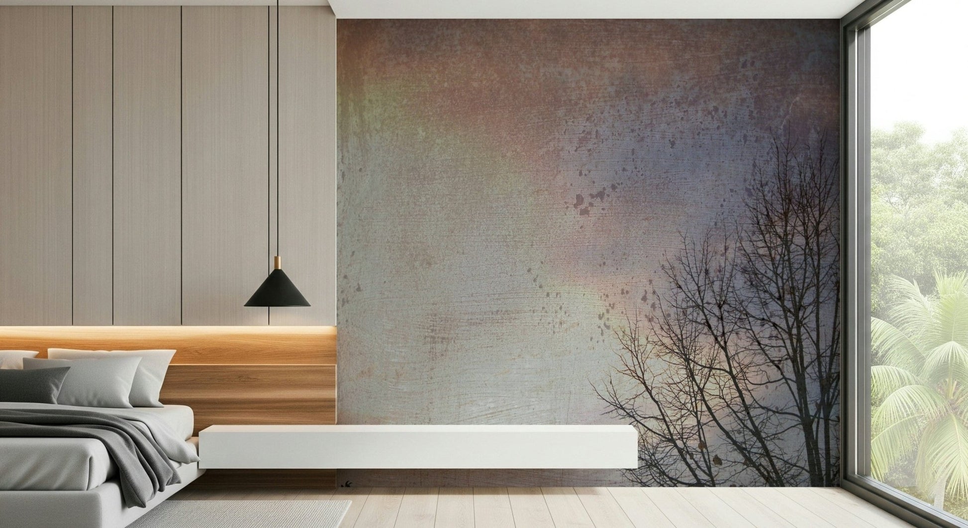 Winter Day wall mural with ghostly, subtle colors, minimalist tree outline, atmospheric.