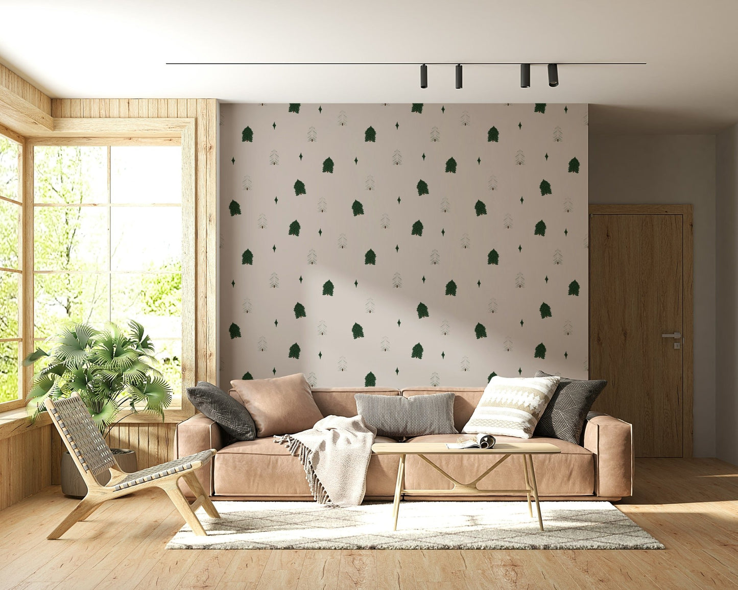 Green and grey Winter Forest Dreams Wallpaper tree print detail., GD6535