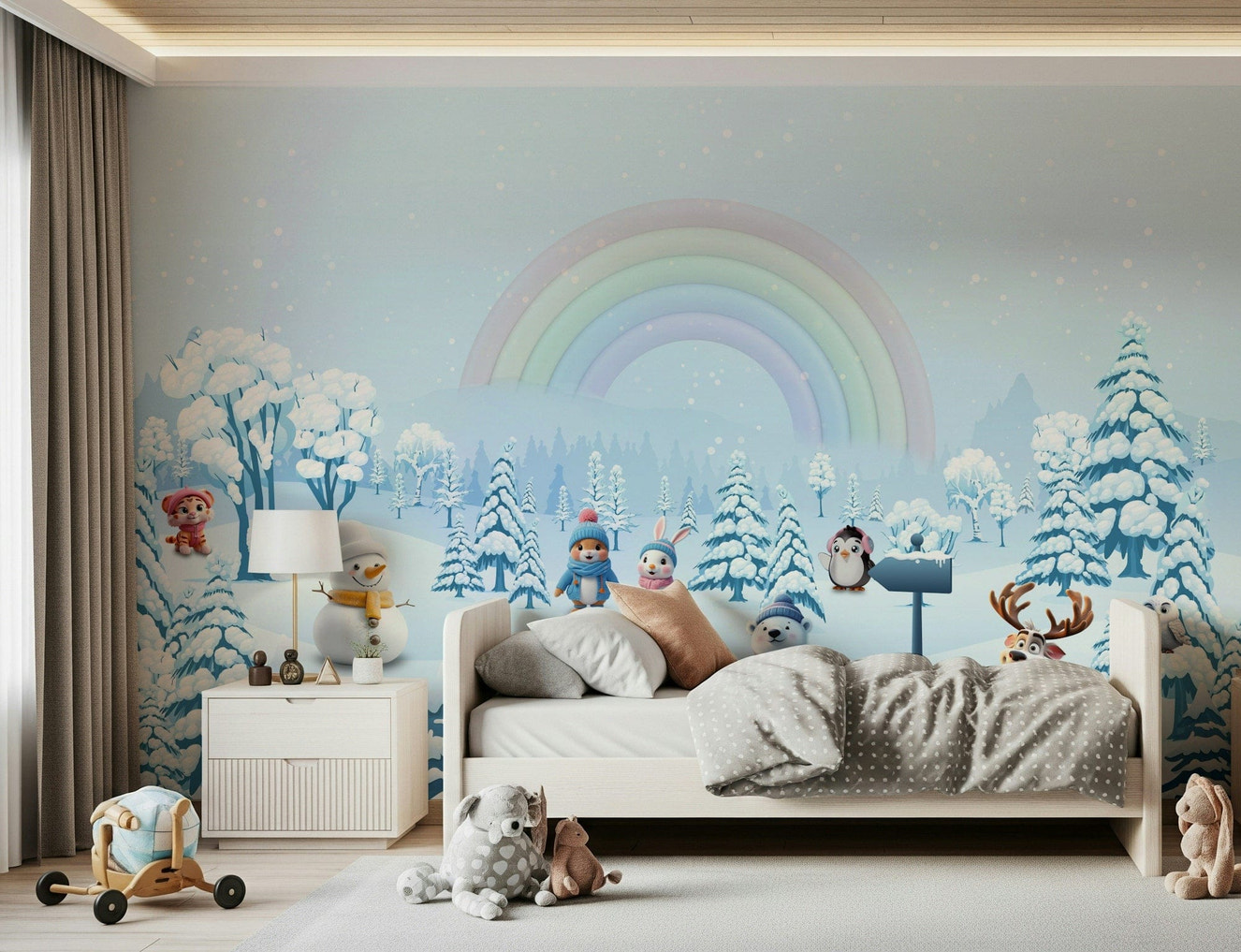 Playful animal characters and soft rainbows on a white bedroom wall mural.