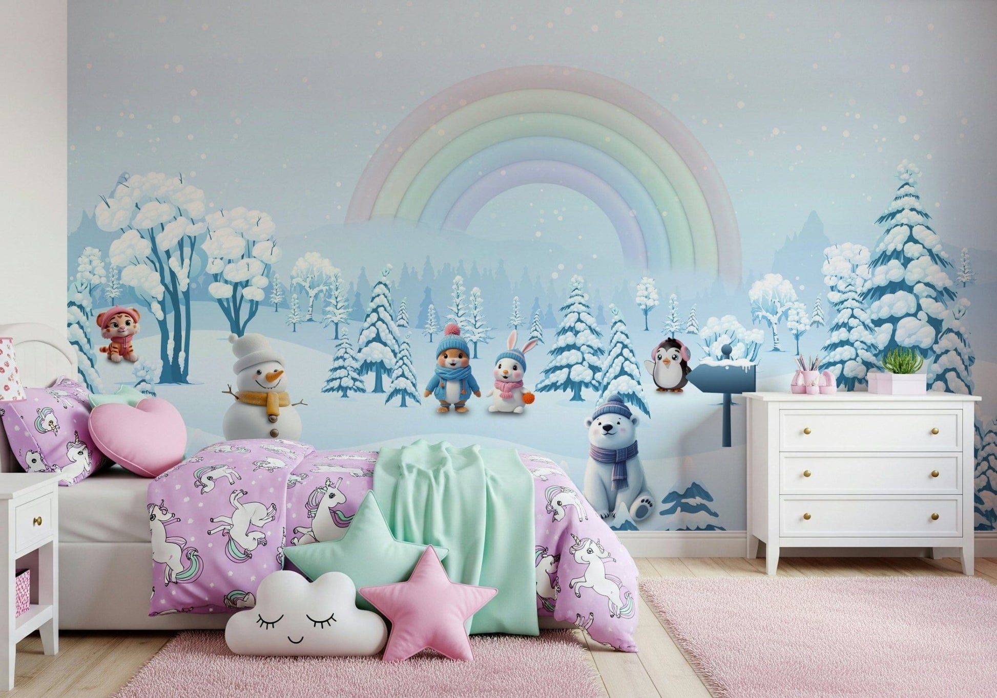 Artistic wall mural with cute bears and rainbows in a gender-neutral nursery., GD4254