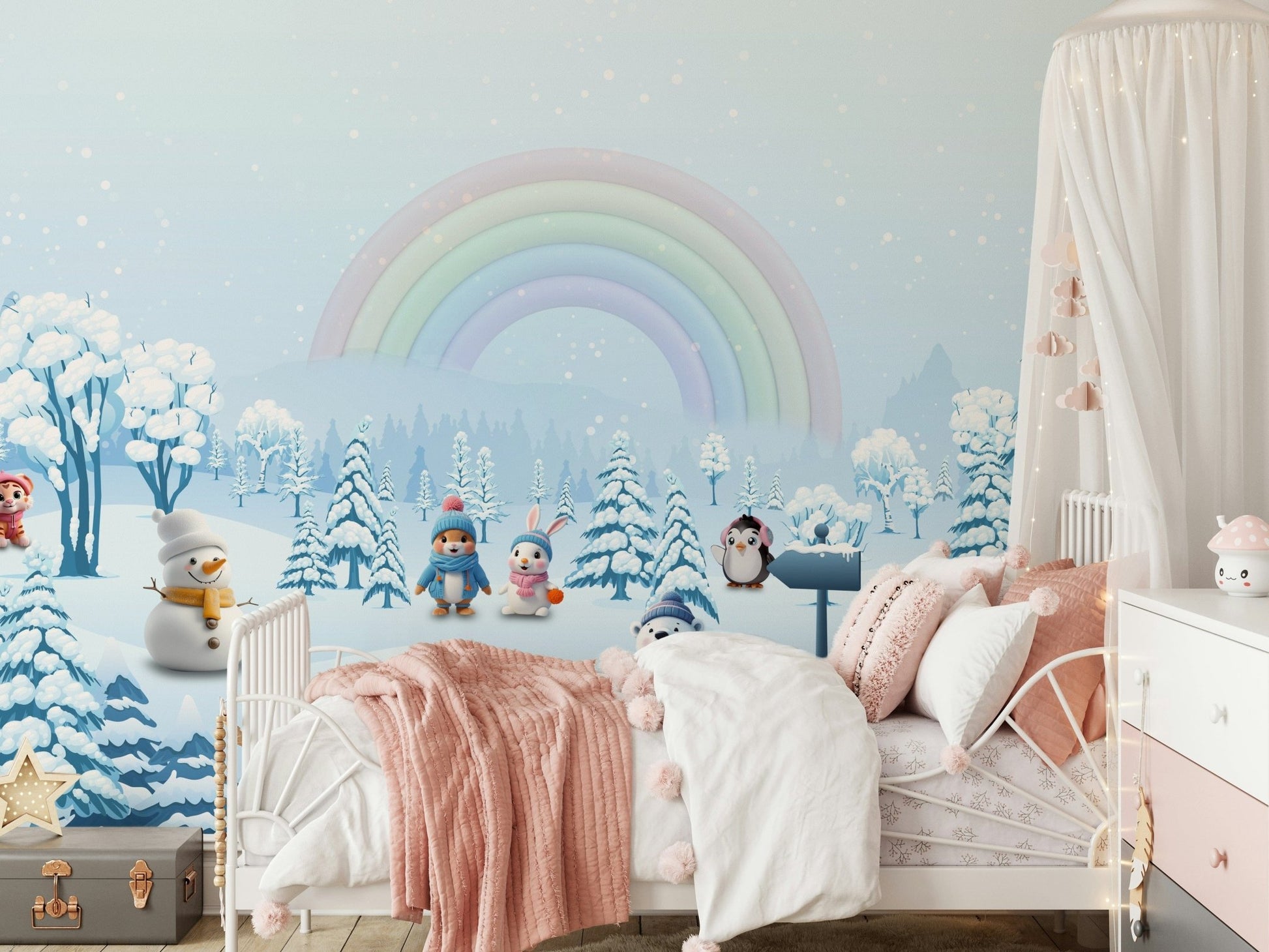 Whimsical winter friends' rainbow wall mural paired with light grey decor., GD4254