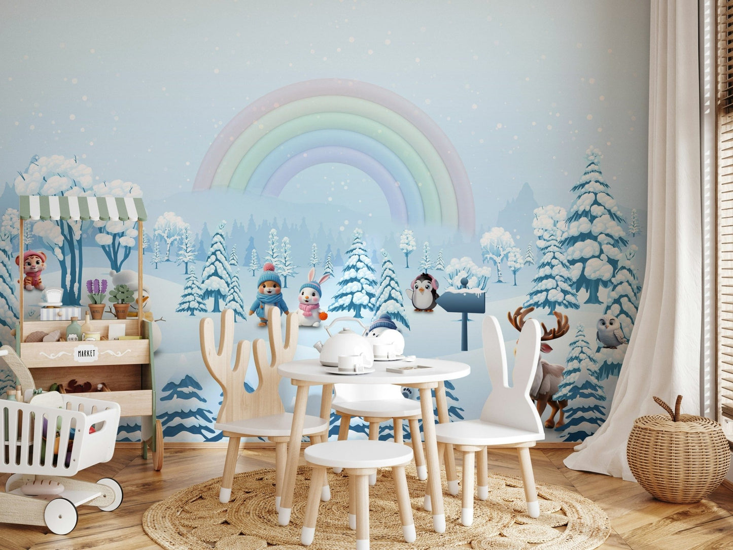 Scandi style nursery wallpaper featuring hand-drawn winter animals and rainbows., GD4254