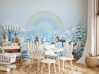 Scandi style nursery wallpaper featuring hand-drawn winter animals and rainbows., GD4254