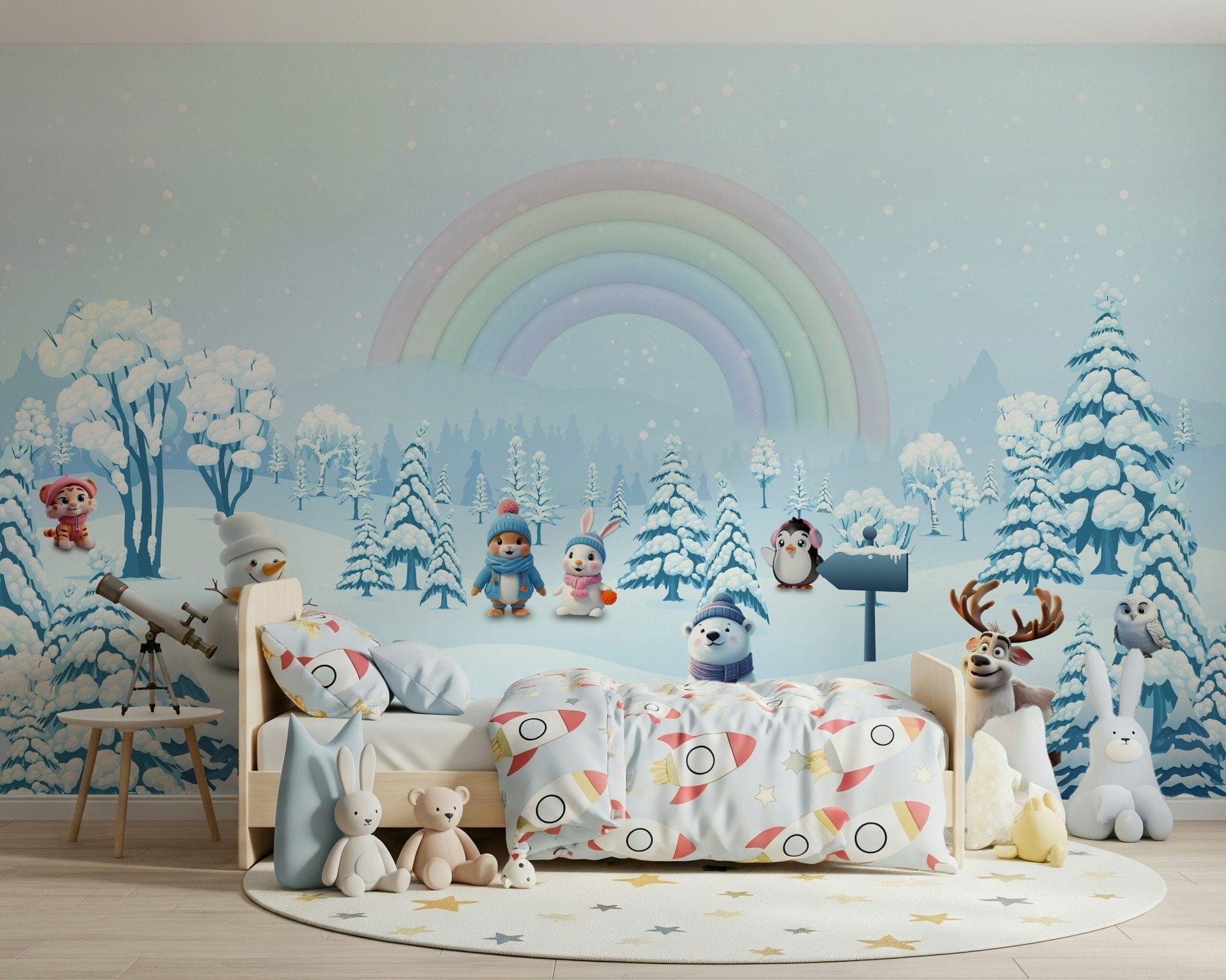 Neutral toned wall mural with friendly characters for a peaceful baby room., GD4254