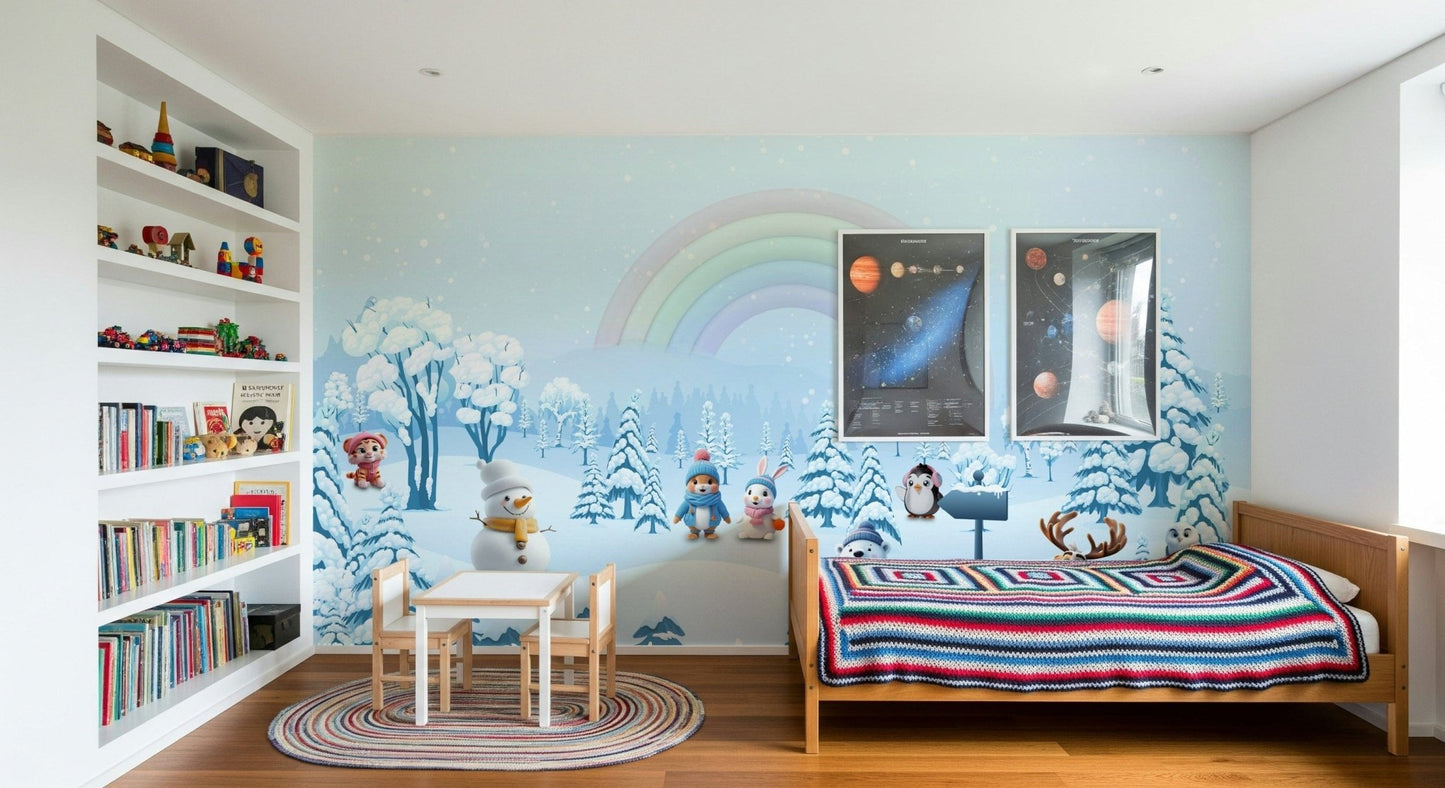 Cute forest animals under a large rainbow wall mural in a bright study space., GD4254