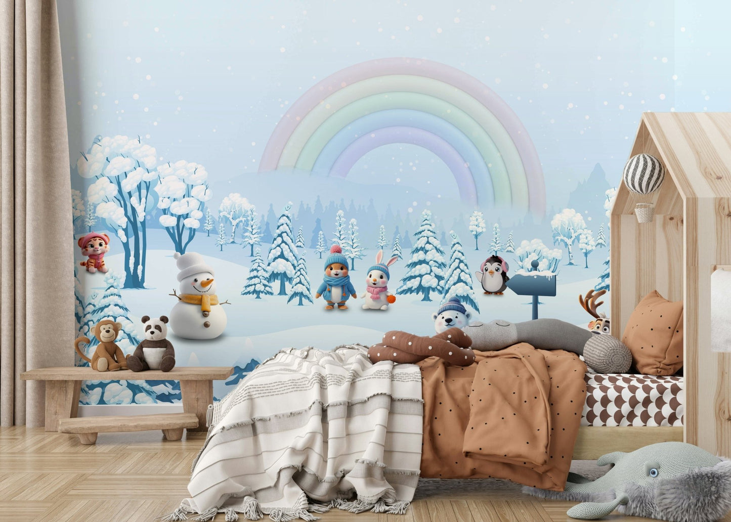 Gentle pastel rainbow wallpaper creating a creative backdrop for a child's desk., GD4254