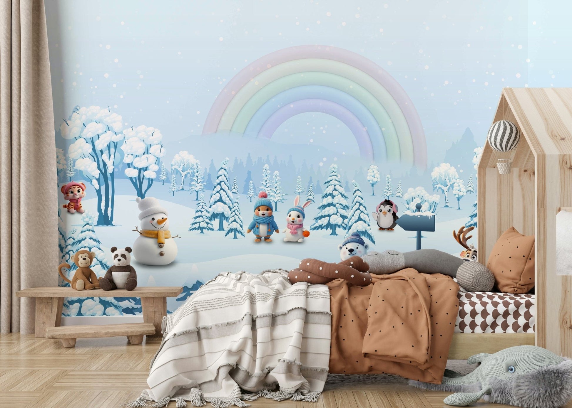 Gentle pastel rainbow wallpaper creating a creative backdrop for a child's desk., GD4254