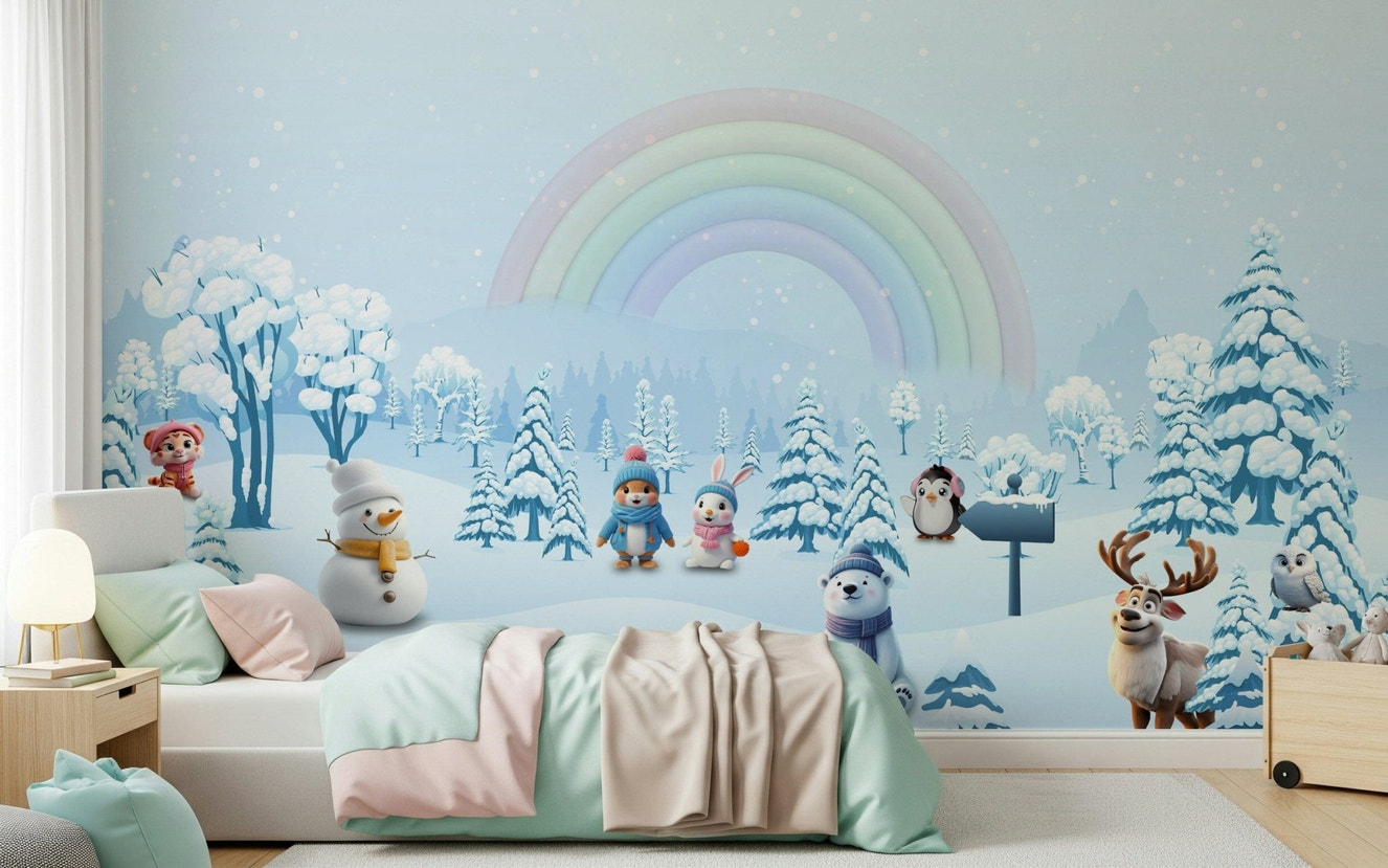 Winter Friends' Rainbow Wall Mural in a minimalist nursery with wooden furniture.