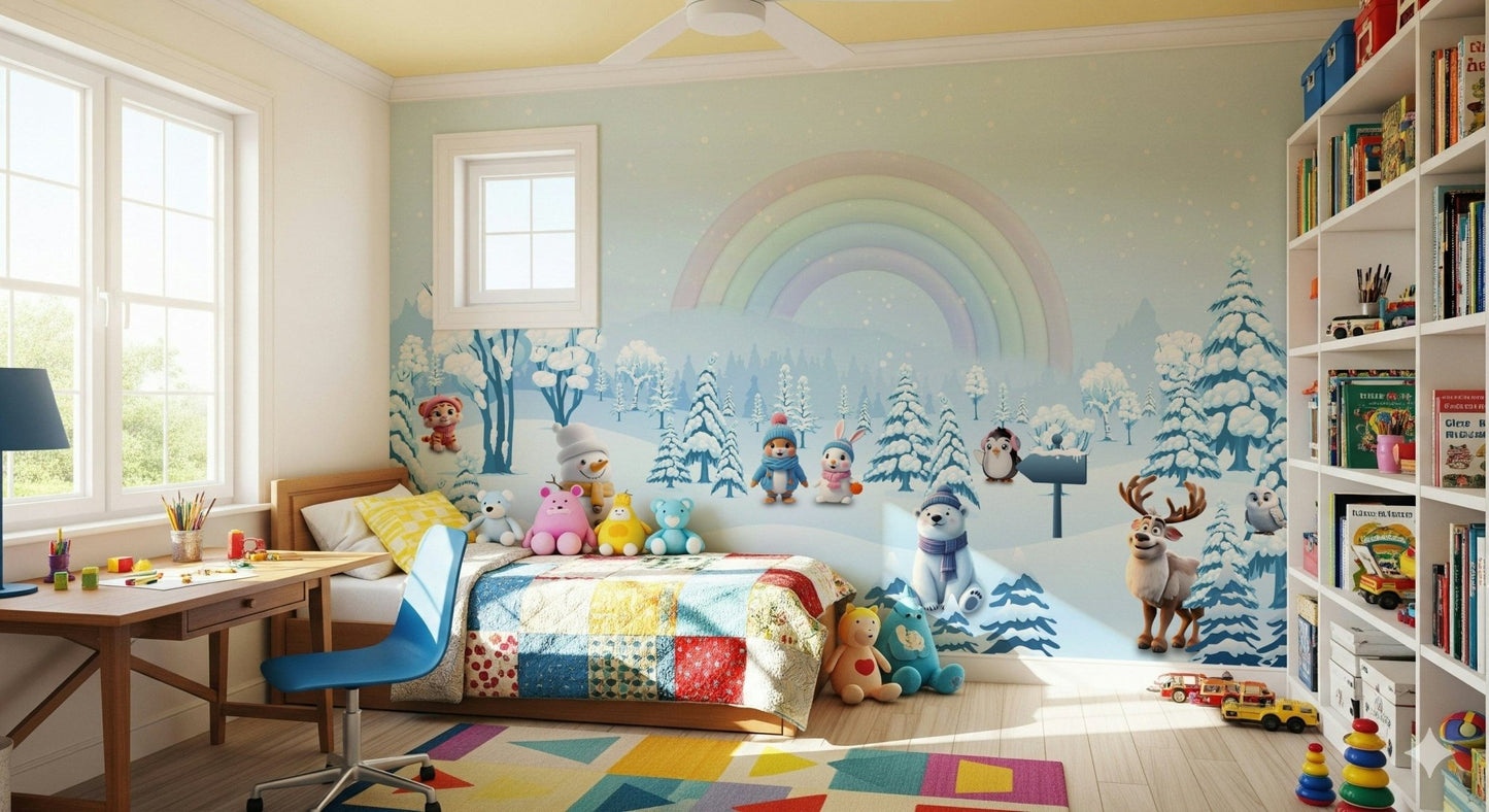 Large scale rainbow wallpaper as a feature wall in a contemporary living space., GD4254