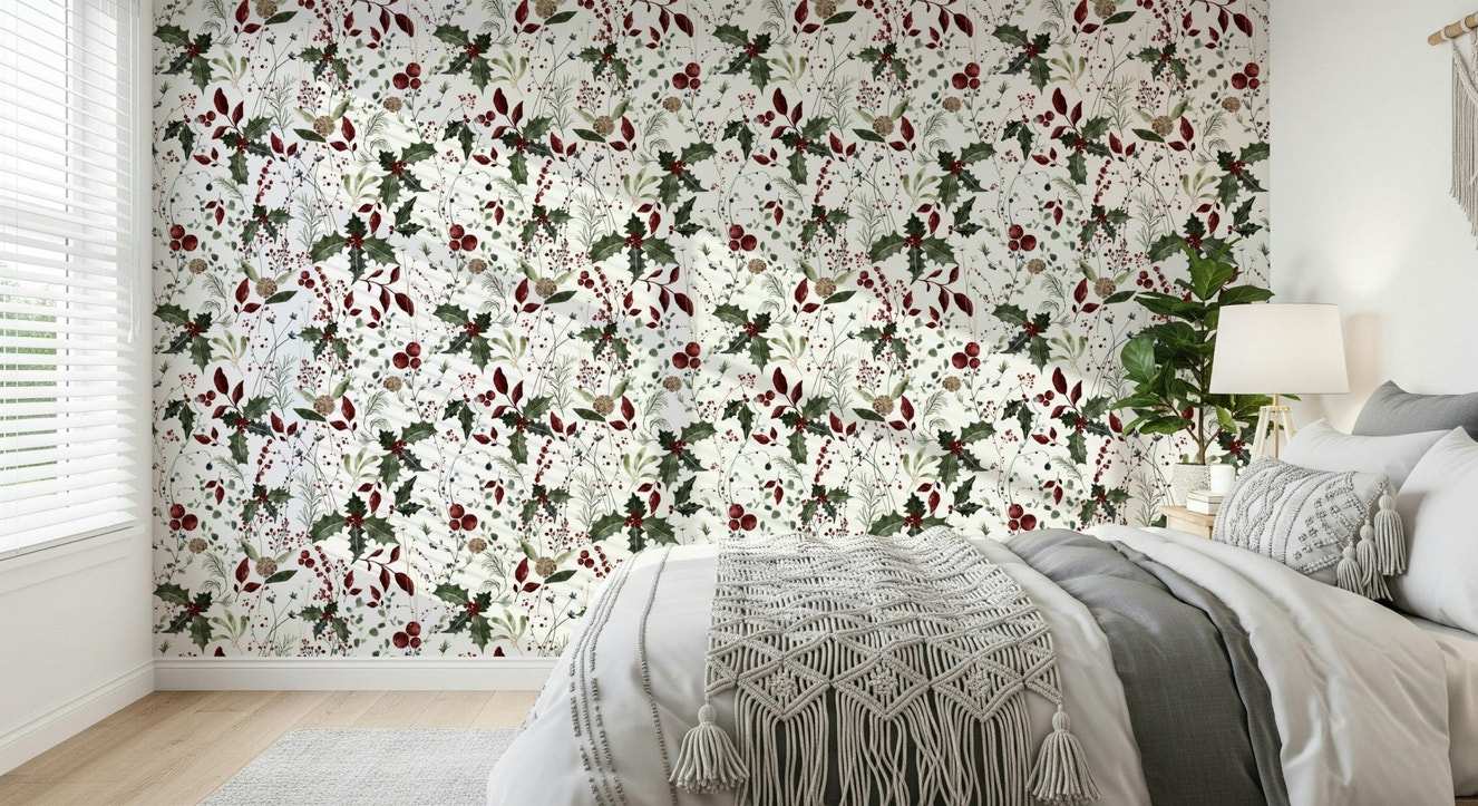 Winter Garden wallpaper, rich holly berries, eucalyptus pattern.