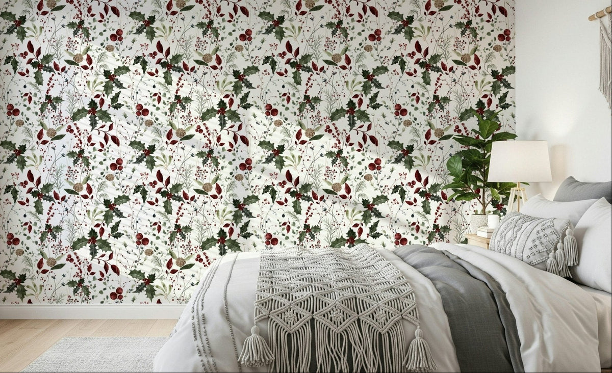 Winter Garden wallpaper, rich holly berries, eucalyptus pattern., GD7166