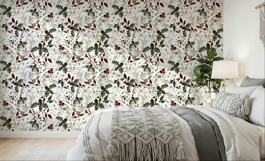 Winter Garden wallpaper, rich holly berries, eucalyptus pattern.