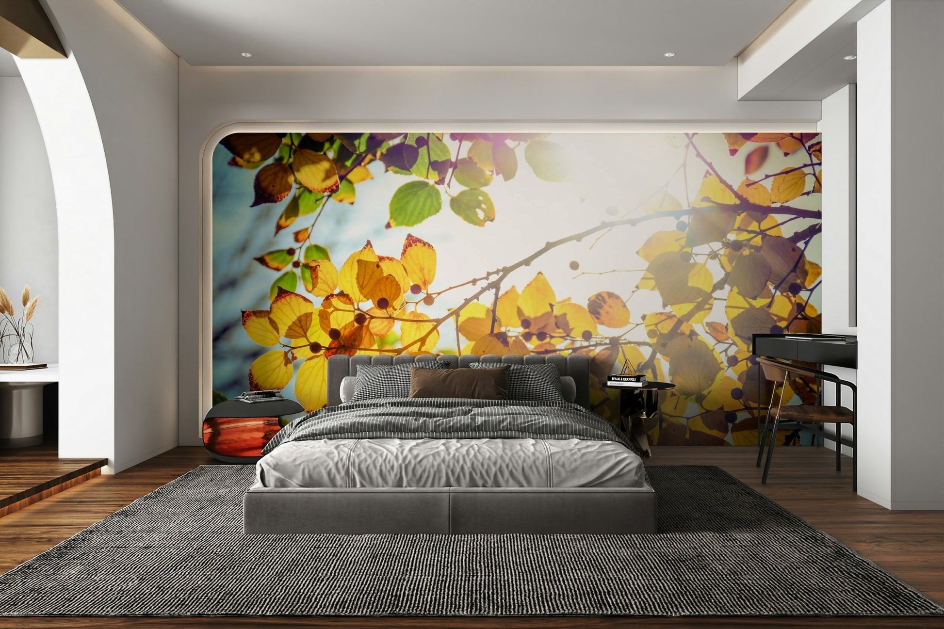 Bright sun bursts through leafy branches on the Winter Is Finally Here wall mural GD4949
