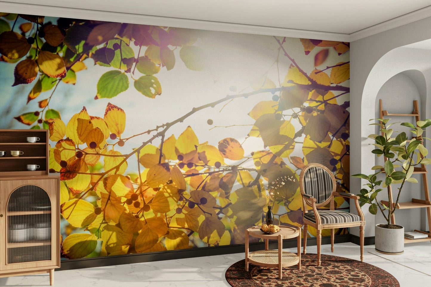 Warm amber and green leaves glow overhead in this wall mural GD4949
