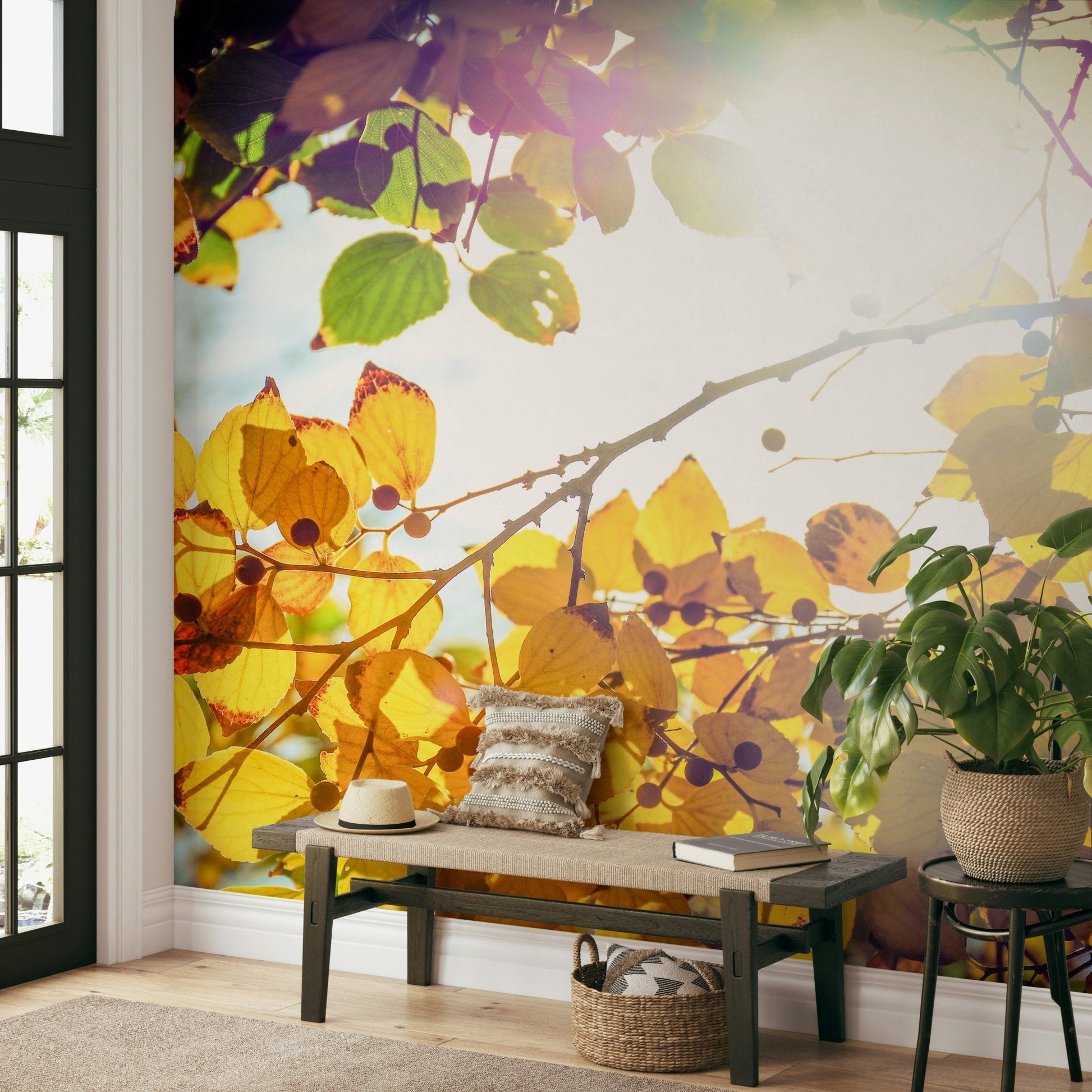 Sunlight streams through yellow autumn foliage in this Winter Is Finally Here wall mural GD4949
