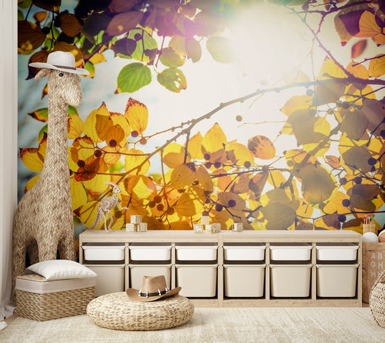 Winter Is Finally Here wall mural showing golden leaves against a bright sky GD4949
