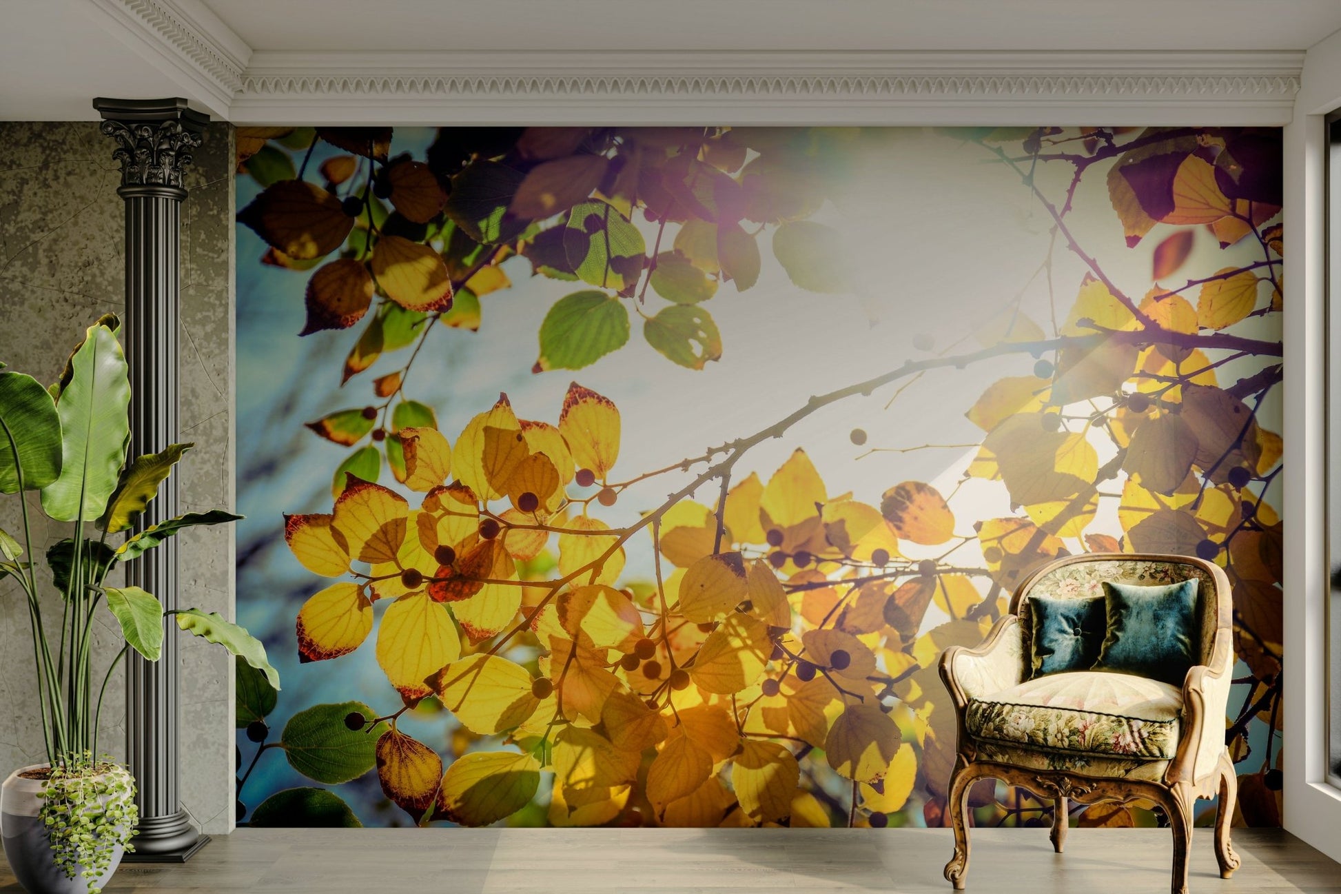 Autumn leaves and dark twigs pattern this glowing wall mural GD4949
