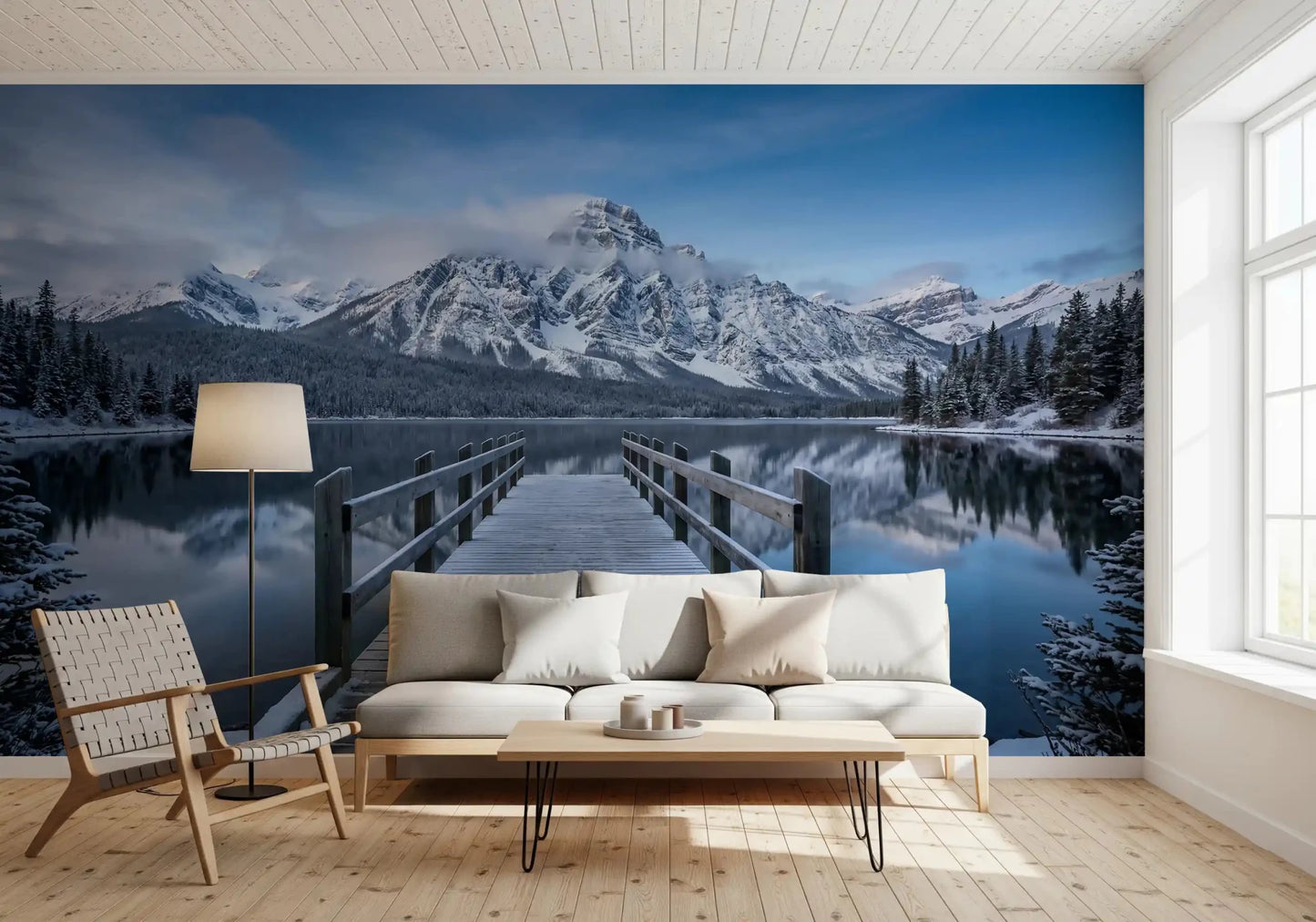 Snow-covered mountains rise behind a Hallway in Winter Lake wall mural.
GD9541