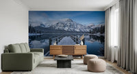 Living room feel calm with the alpine view of Winter Lake Serenity wall mural.GD9541