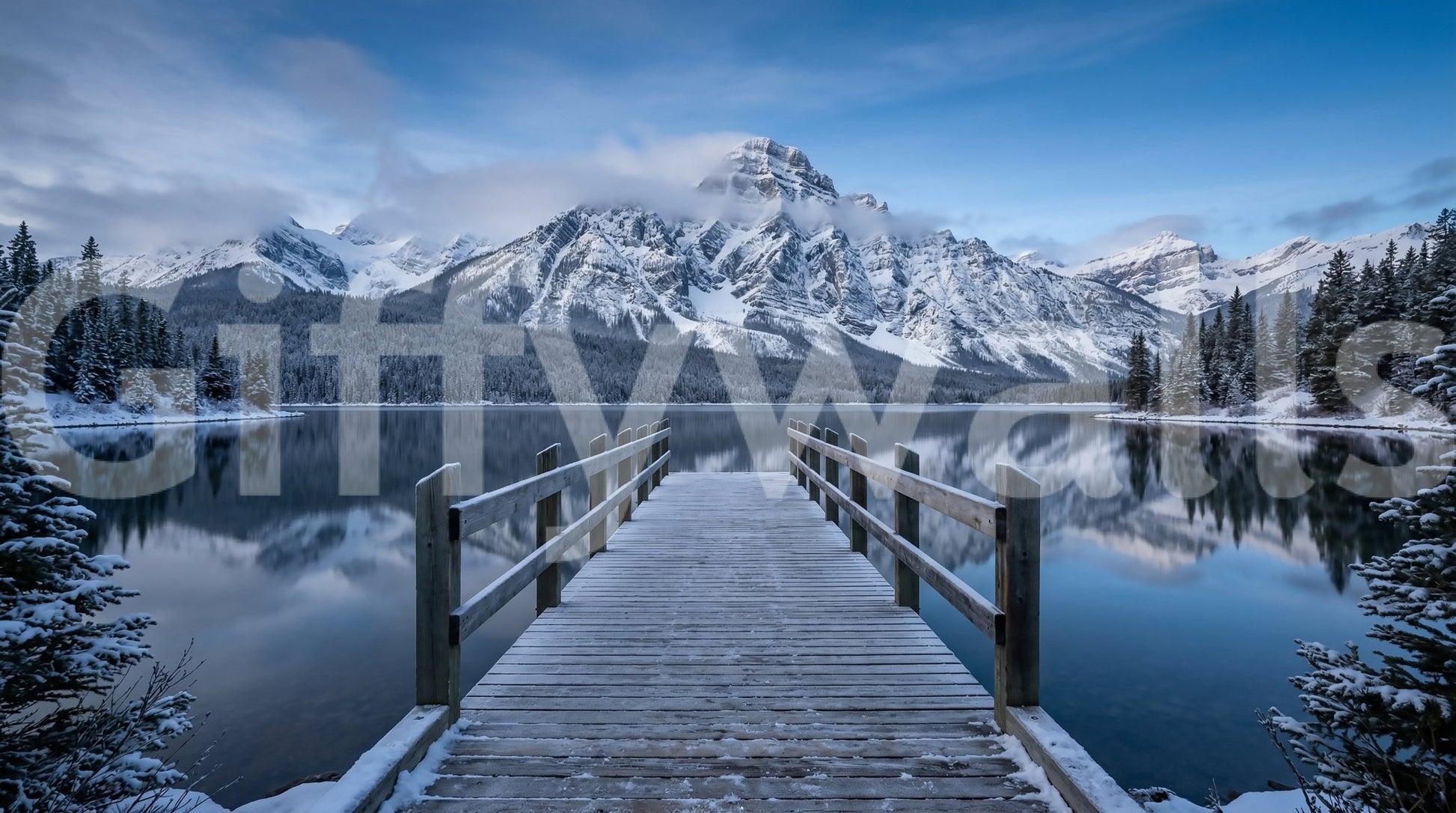 Soft clouds drift across the wide sky of Winter Lake Serenity wall mural.GD9541