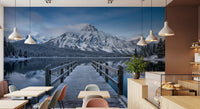 Café area  rests under Winter Lake Serenity wall mural with mirrored lake view.
GD9541