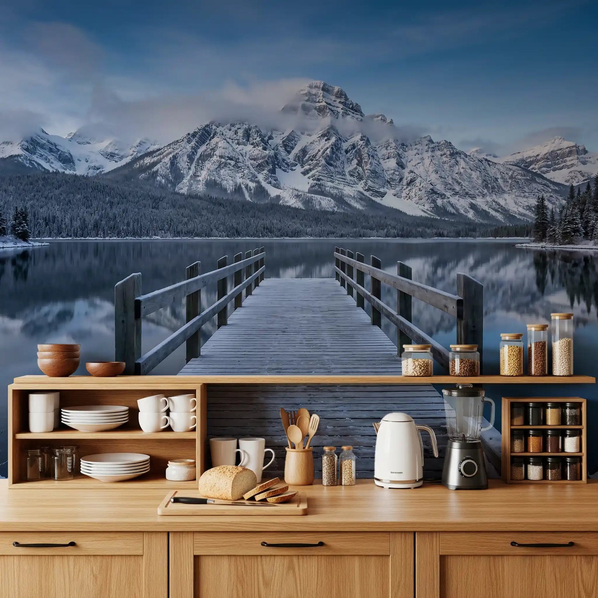 Pine forests and still water frame Winter Serenity wall mural.GD9541