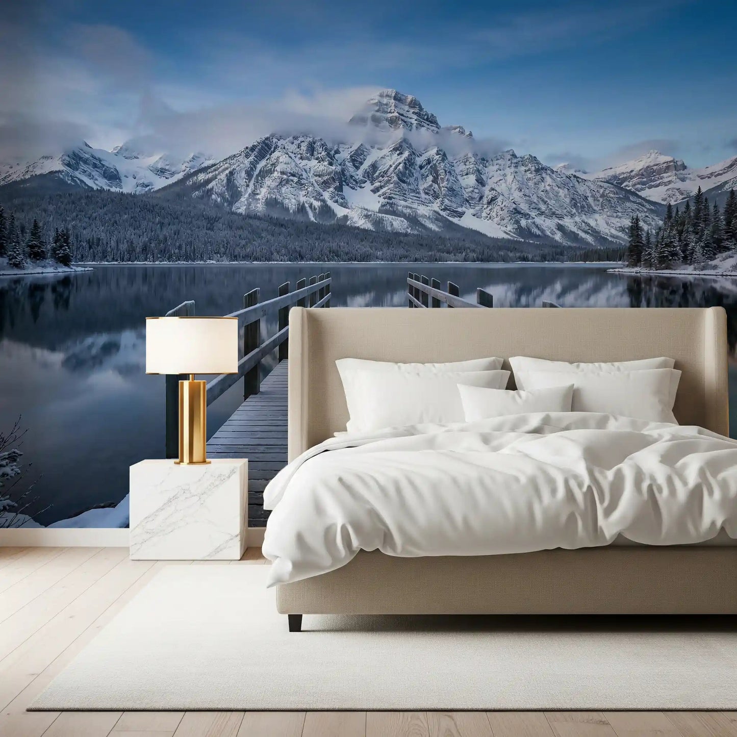 Bedroom glows softly beneath Winter Lake wall mural in cool blue tones.
GD9541