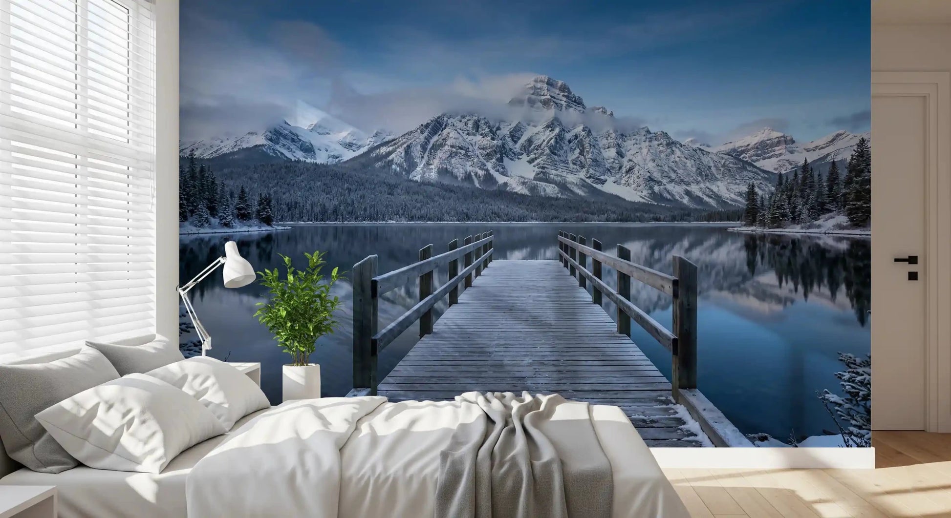 A wooden dock leads outward through Winter Lake Serenity wall mural.GD9541