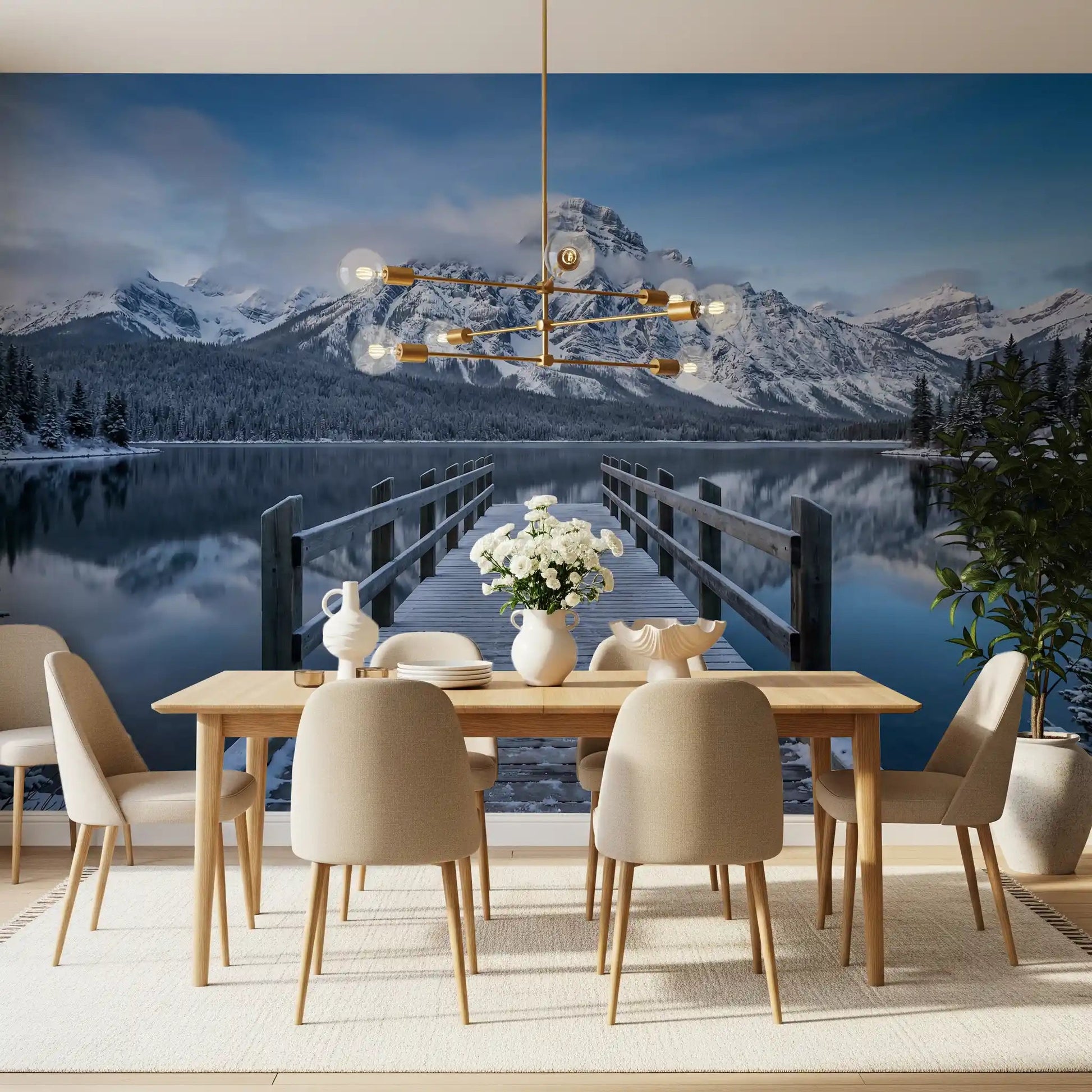 Snow-capped peaks rise across the centre of Winter Lake Serenity wall mural.GD9541