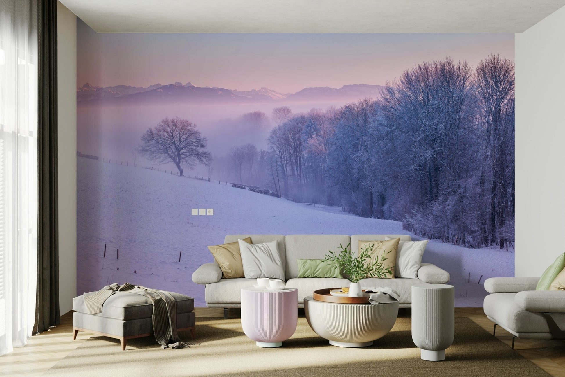 Frosty woods wall mural with snowfall

