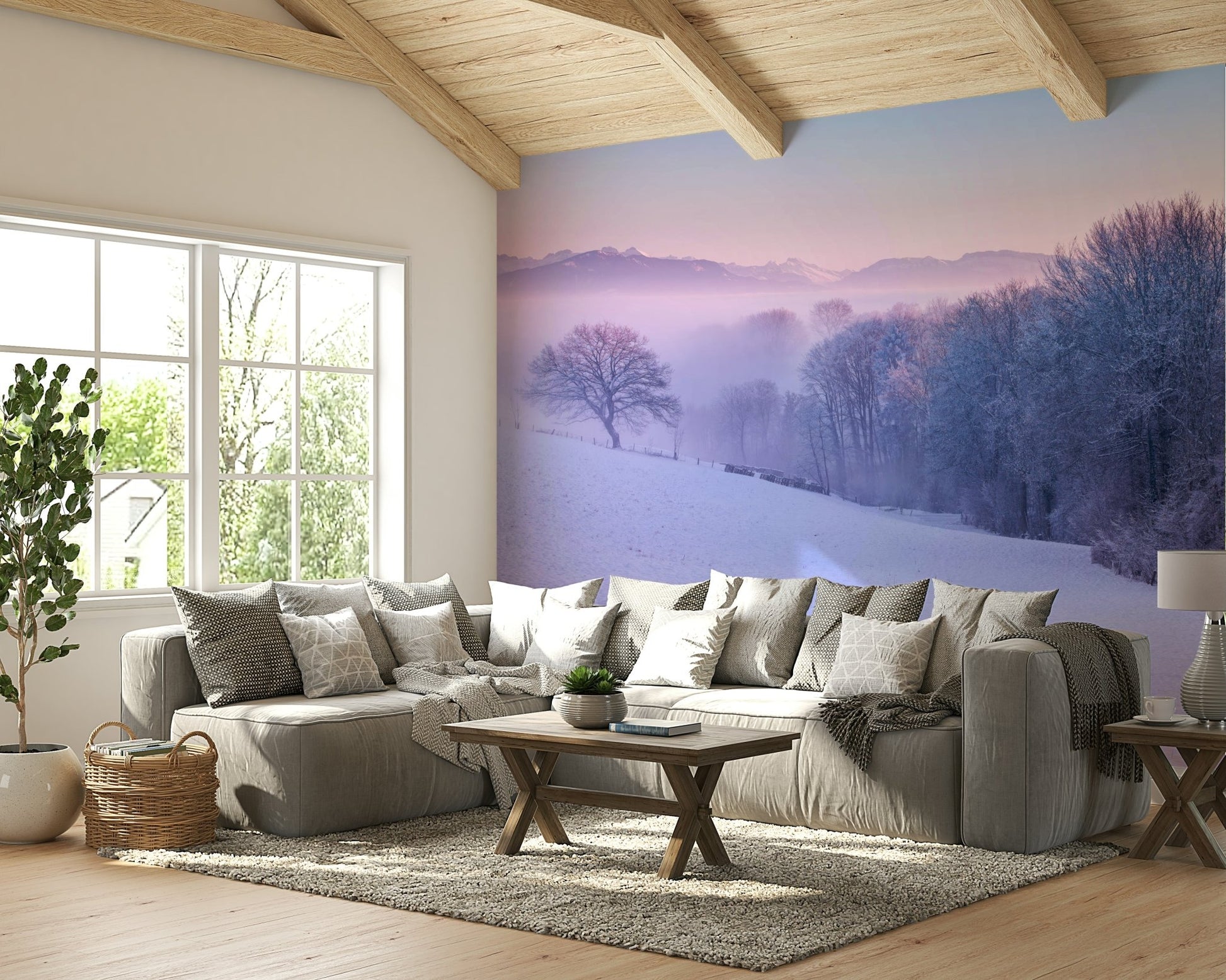 Winter scenery wall mural with snowy path

